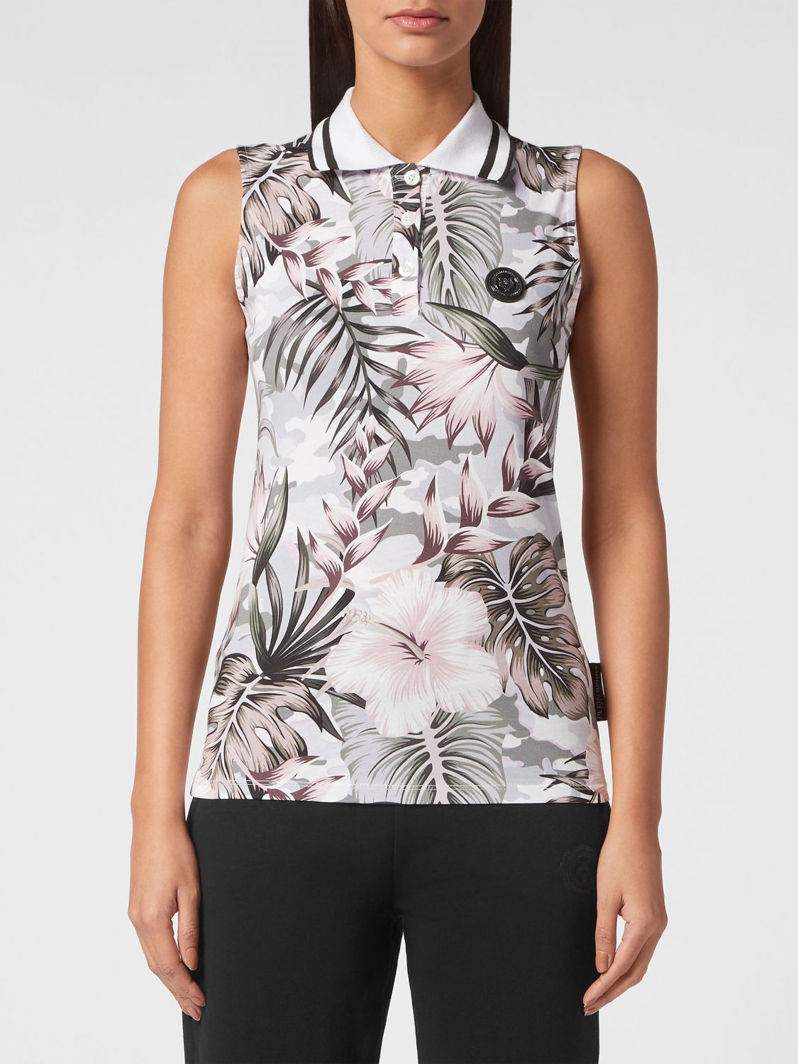 Floral sleeveless polo shirt - White