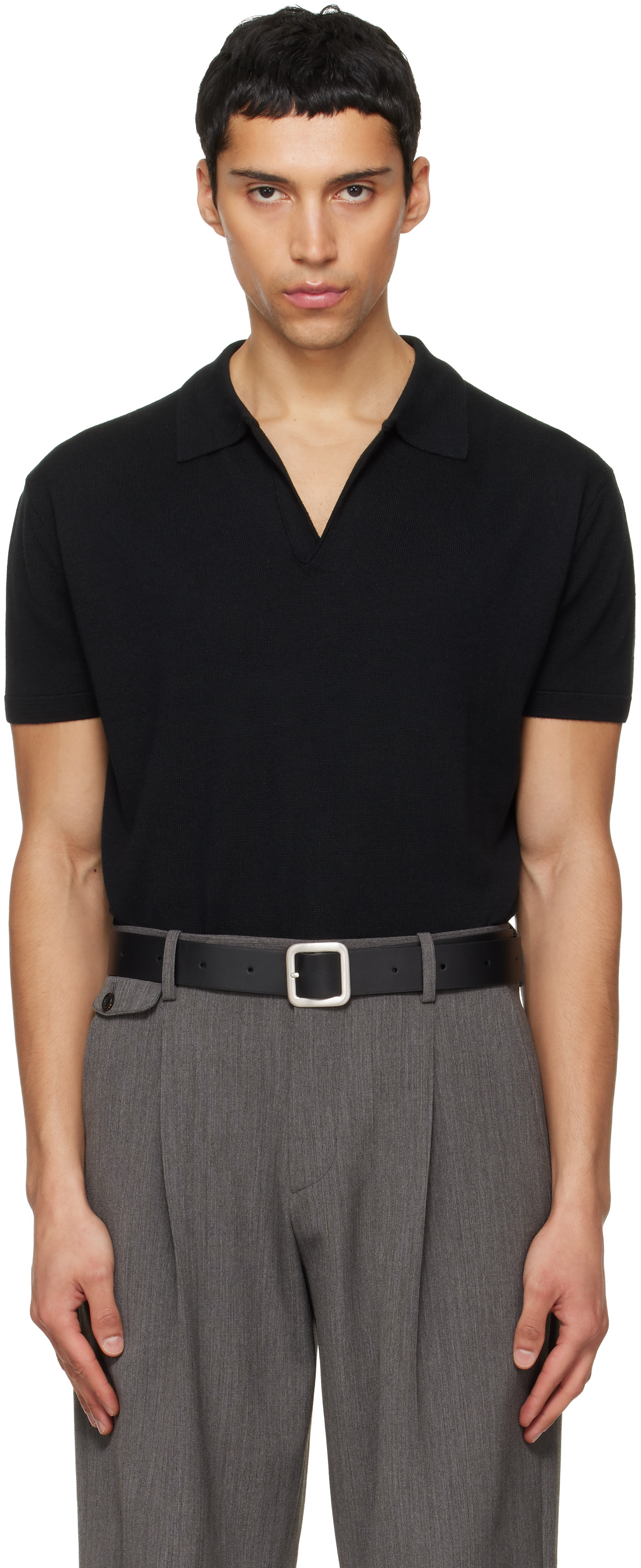 Black Silk Cashmere Open Collar Knit Polo