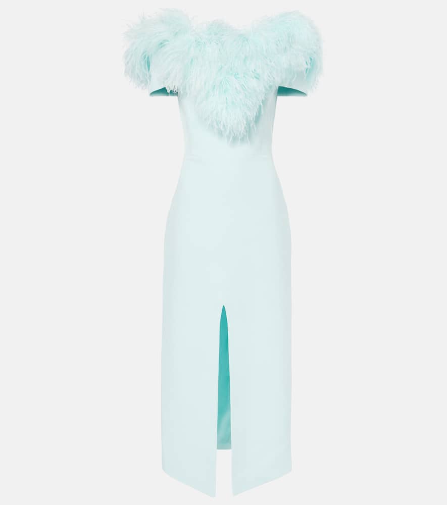 Off-shoulder feather-trimmed midi dress