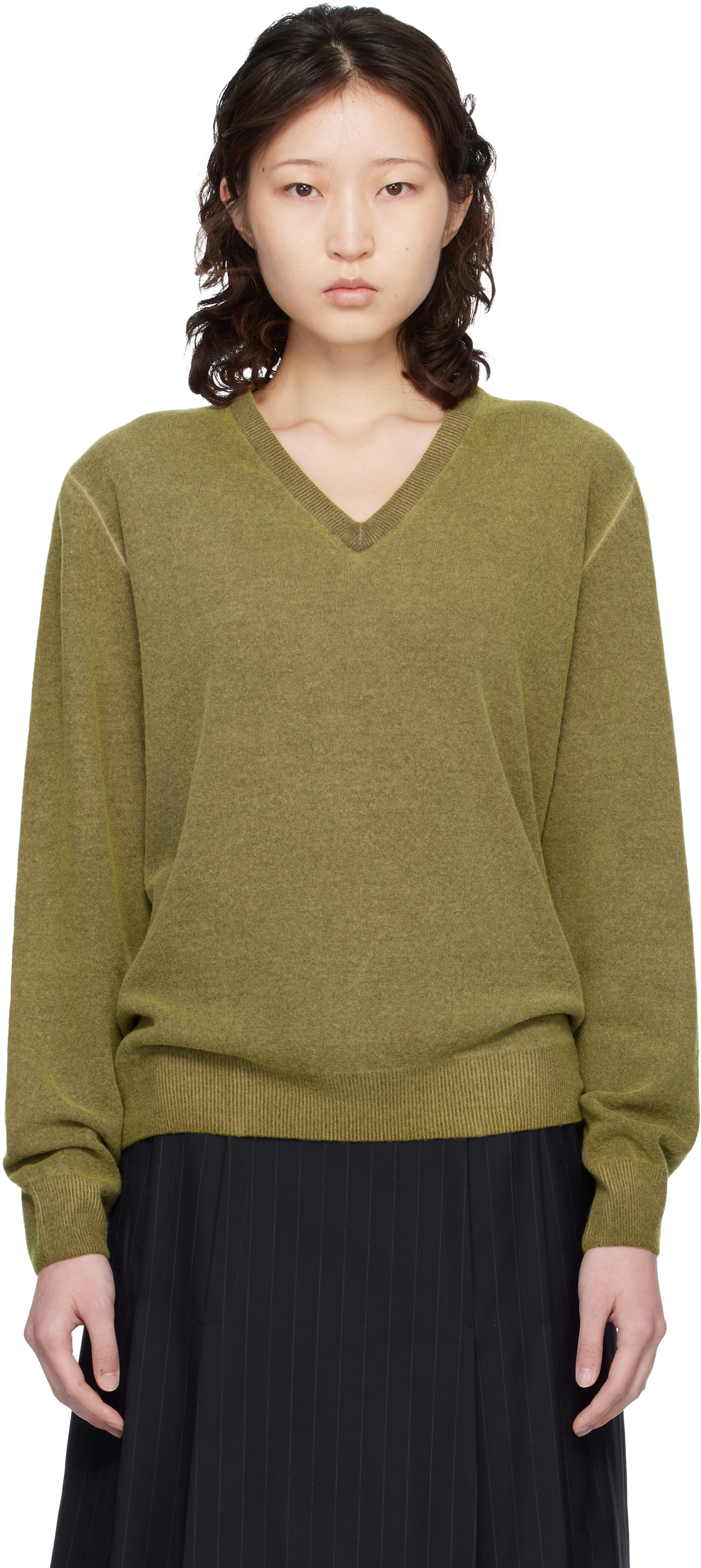 Green Virgin Wool V-Neck Sweater