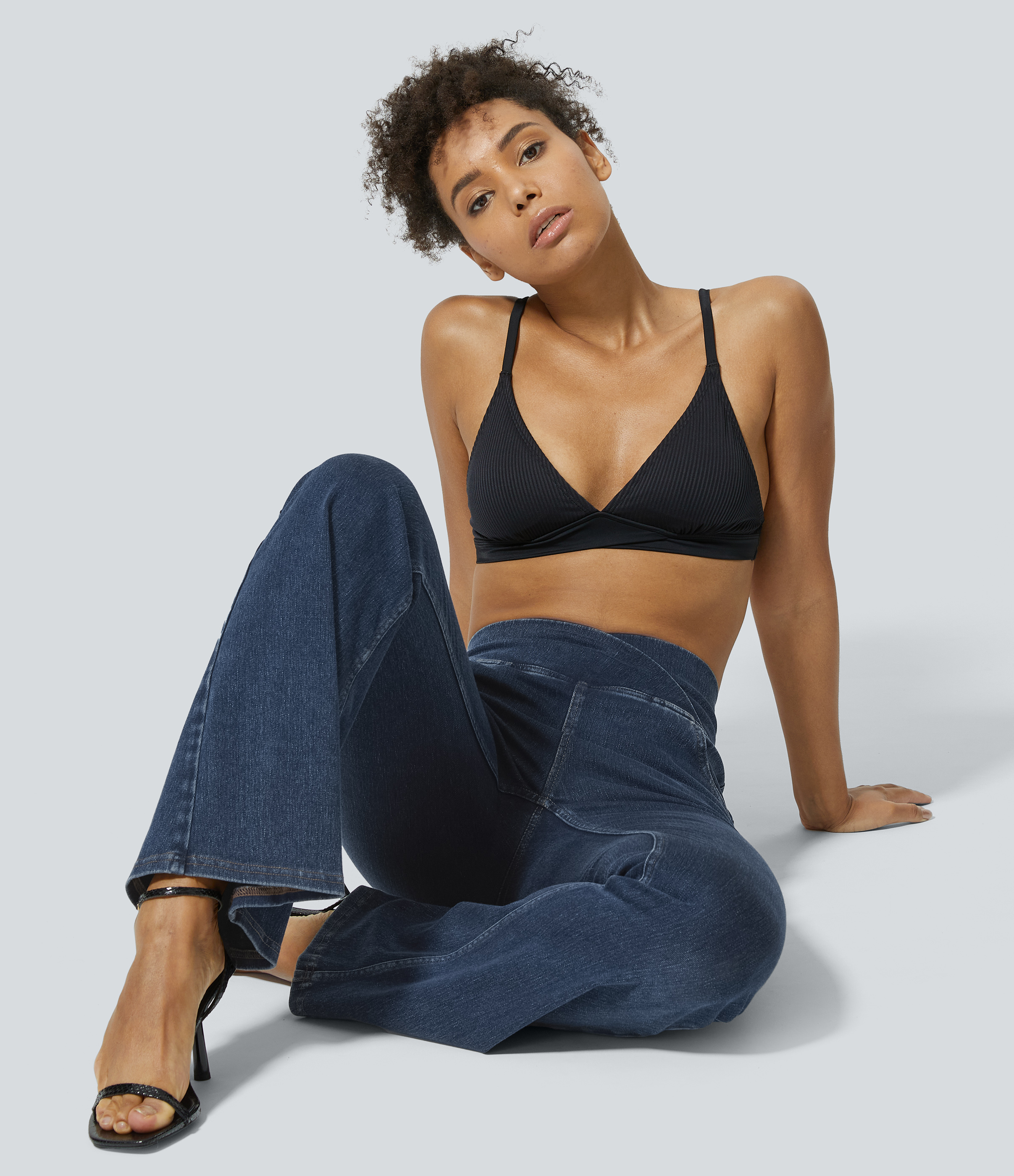 Flex™ High Waisted Crossover Pocket Washed Casual Jeans  - Washed Denim Navy Blue