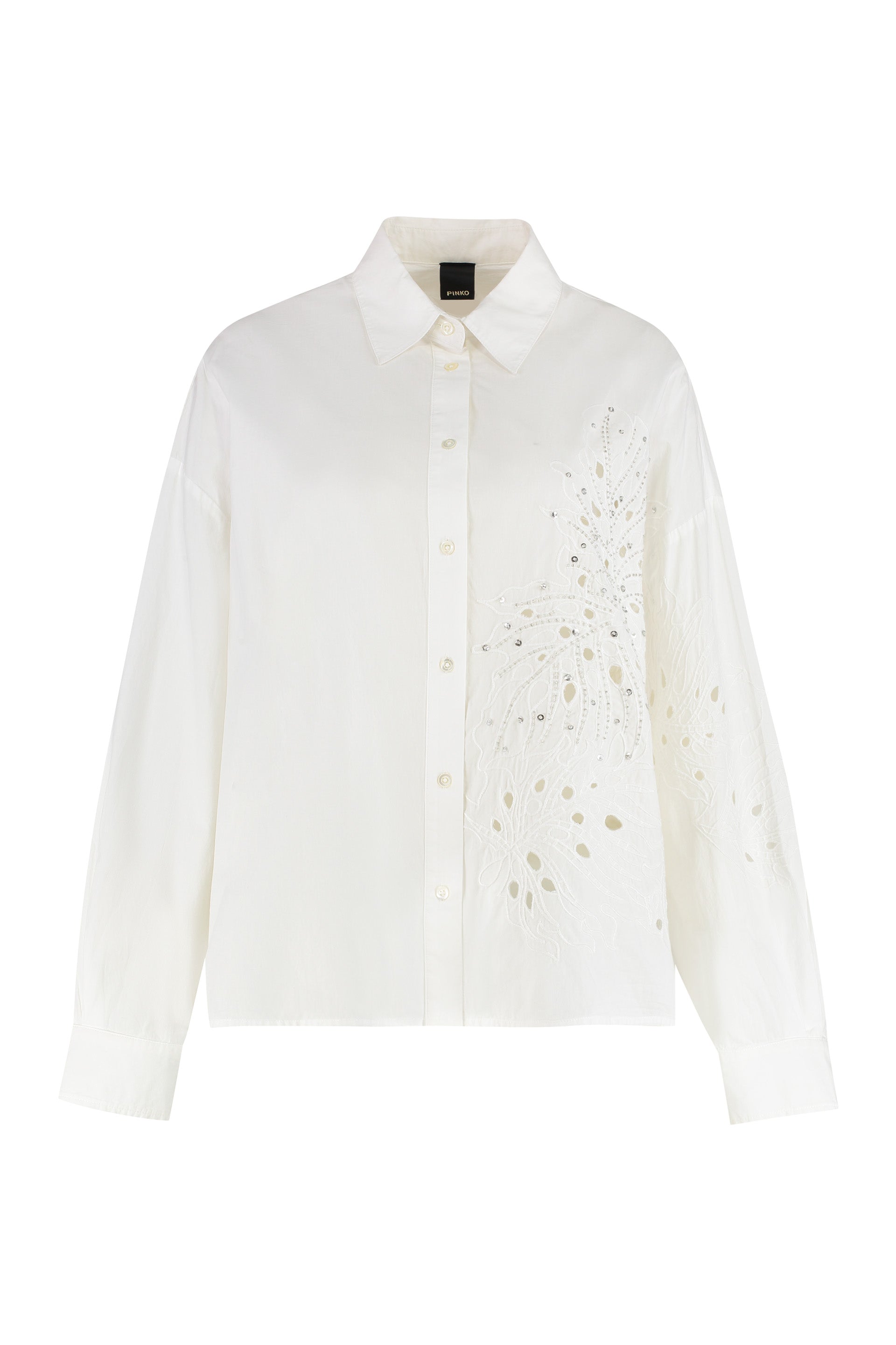 Cotton Boxy Shirt with Rhinestone Front Embroidery