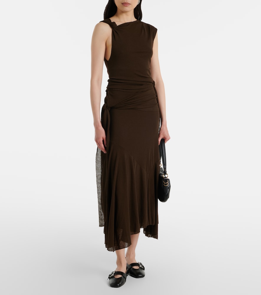 Asymmetric draped mesh midi dress