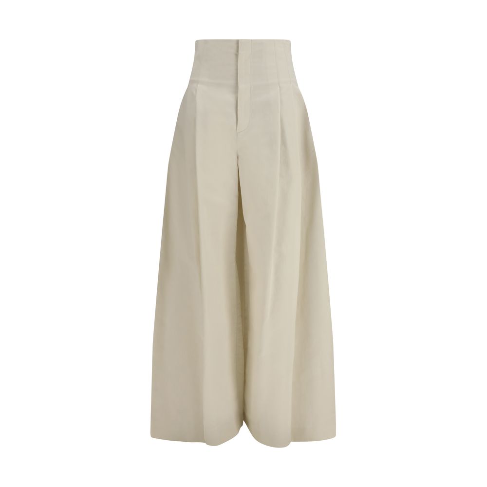 Wide-Leg Pleated Cotton Trousers — Beige