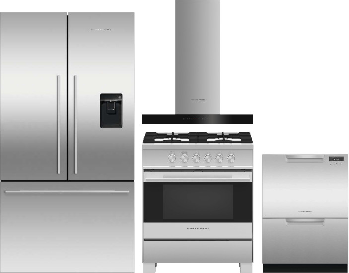 Fisher & Paykel Series 7 Contemporary 4 Piece Kitchen Appliances Package with French Door Refrigerator, Gas Range and Dishwasher in Stainless Steel FP
