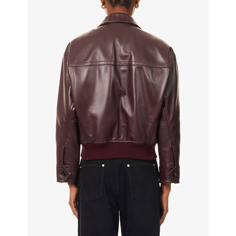 Womens Intrecciato-Collar Leather Bomber Jacket