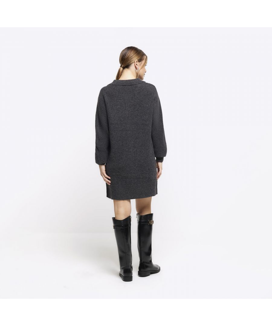 River Island Womens Jumper Mini Dress Petite Grey Collared - Sma