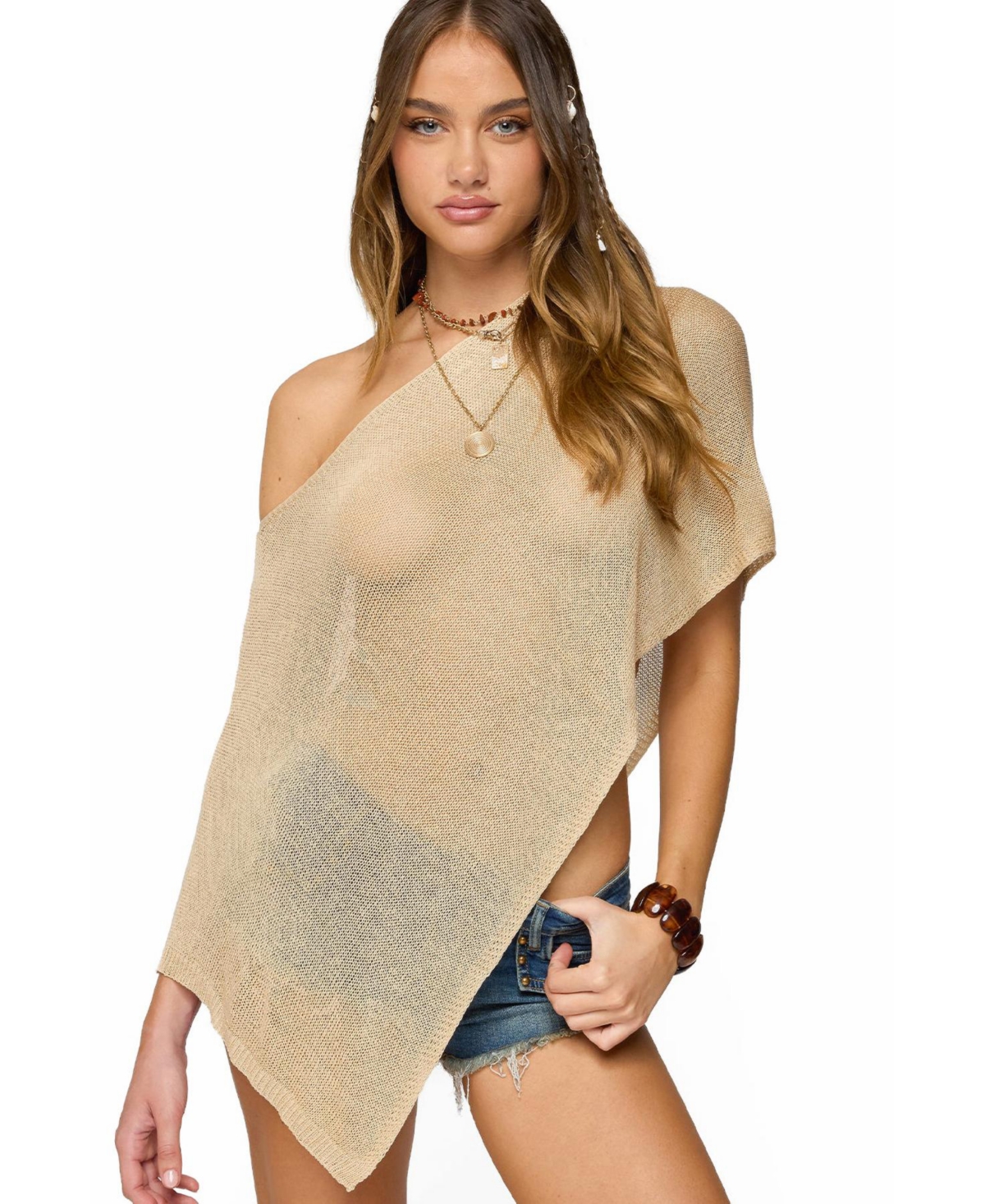 Women's Azalia Asymmetric Knit Poncho - Beige