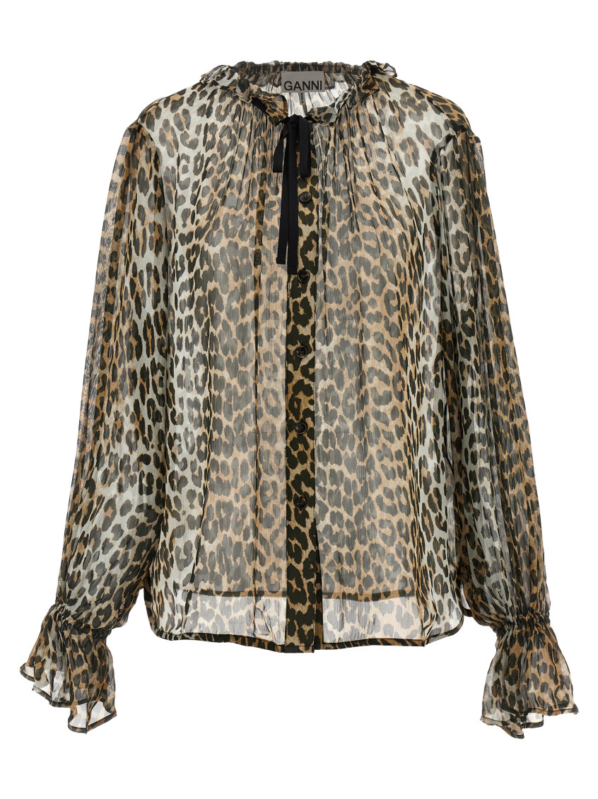 Leopard Print Chiffon Tie String Shirt And Blouse Multicolor