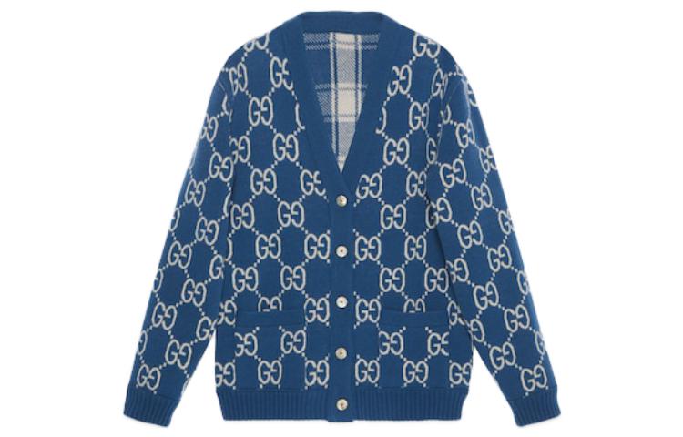 Reversible Checked Wool Cardigan 'Blue Ivory'
