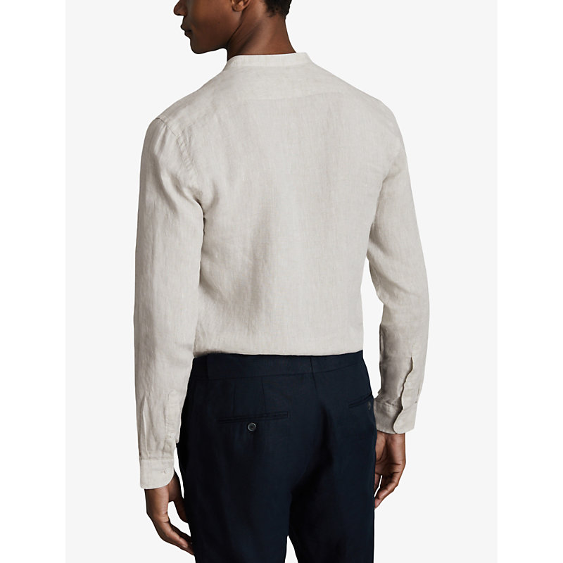 Mens Stone Ocean Grandad-collar Striped Linen Shirt