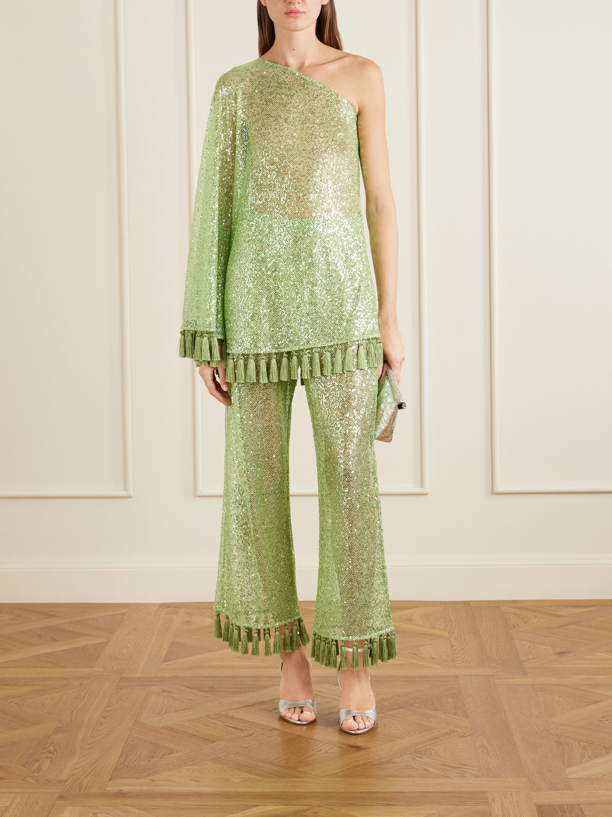 Sequined Fringed Flared Pants - Green