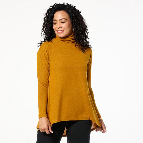 Brushed Knit Draped Back Turtleneck Top - Yellow