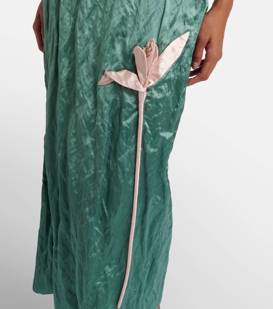 Floral-appliqué satin midi dress
