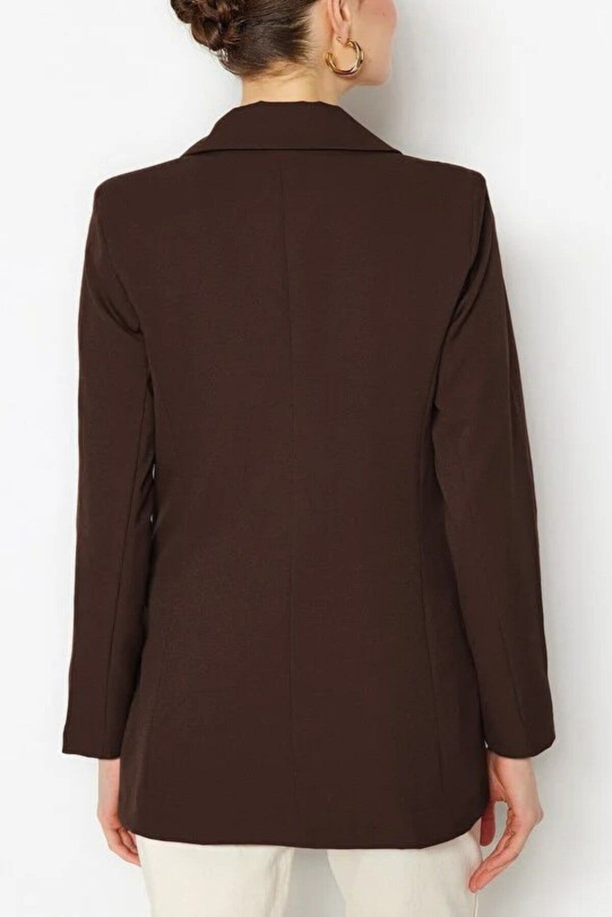 WOVCOR Women's Oversized Double-Breasted Tailored Woven Blazer Jacket in Brown