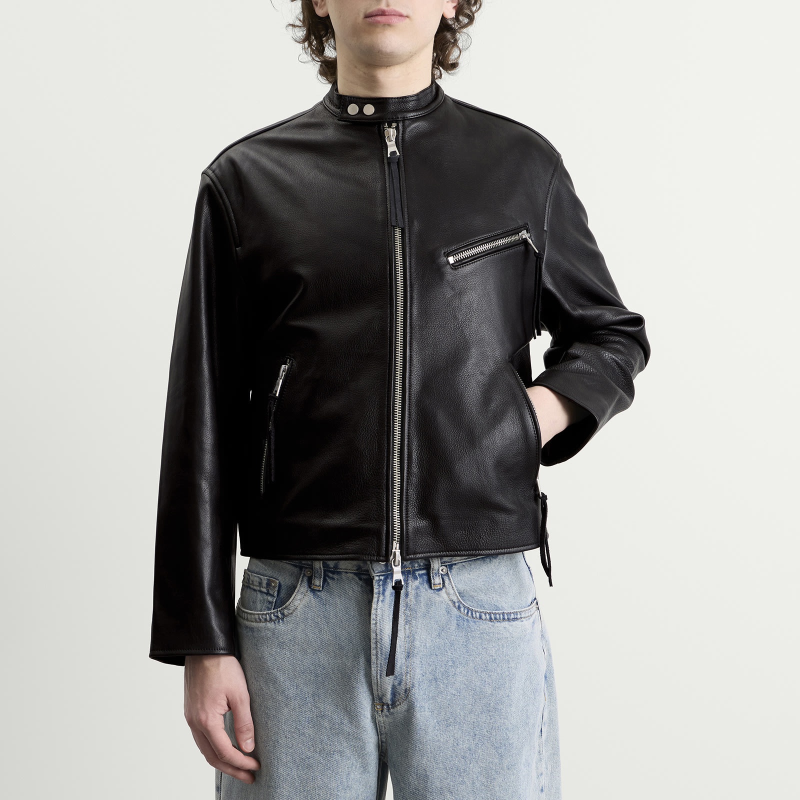 Men's Cropped Leather Racer Jacket Black