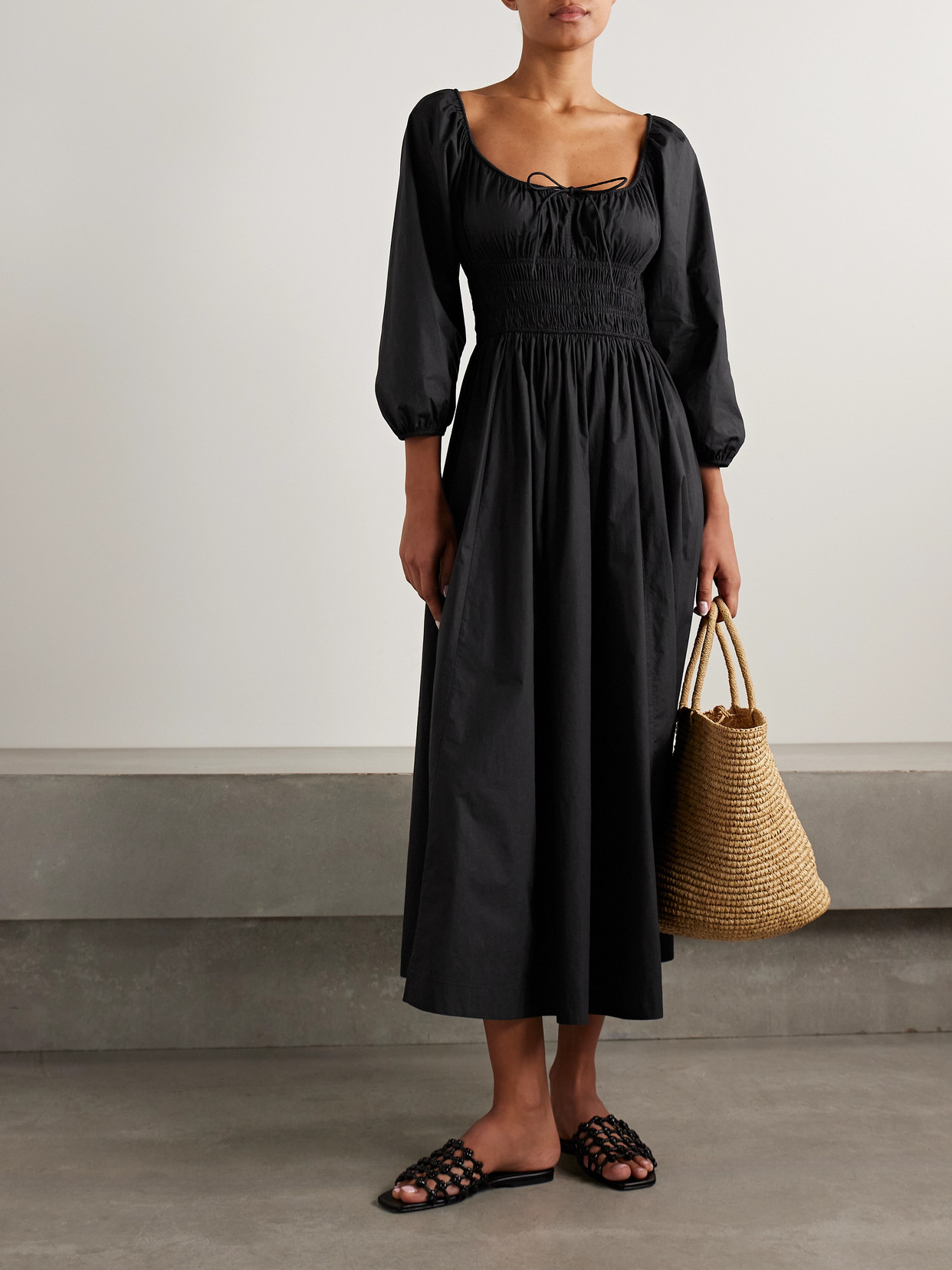 Quintessa Tie-detailed Shirred Organic Cotton-poplin Midi Dress - Black