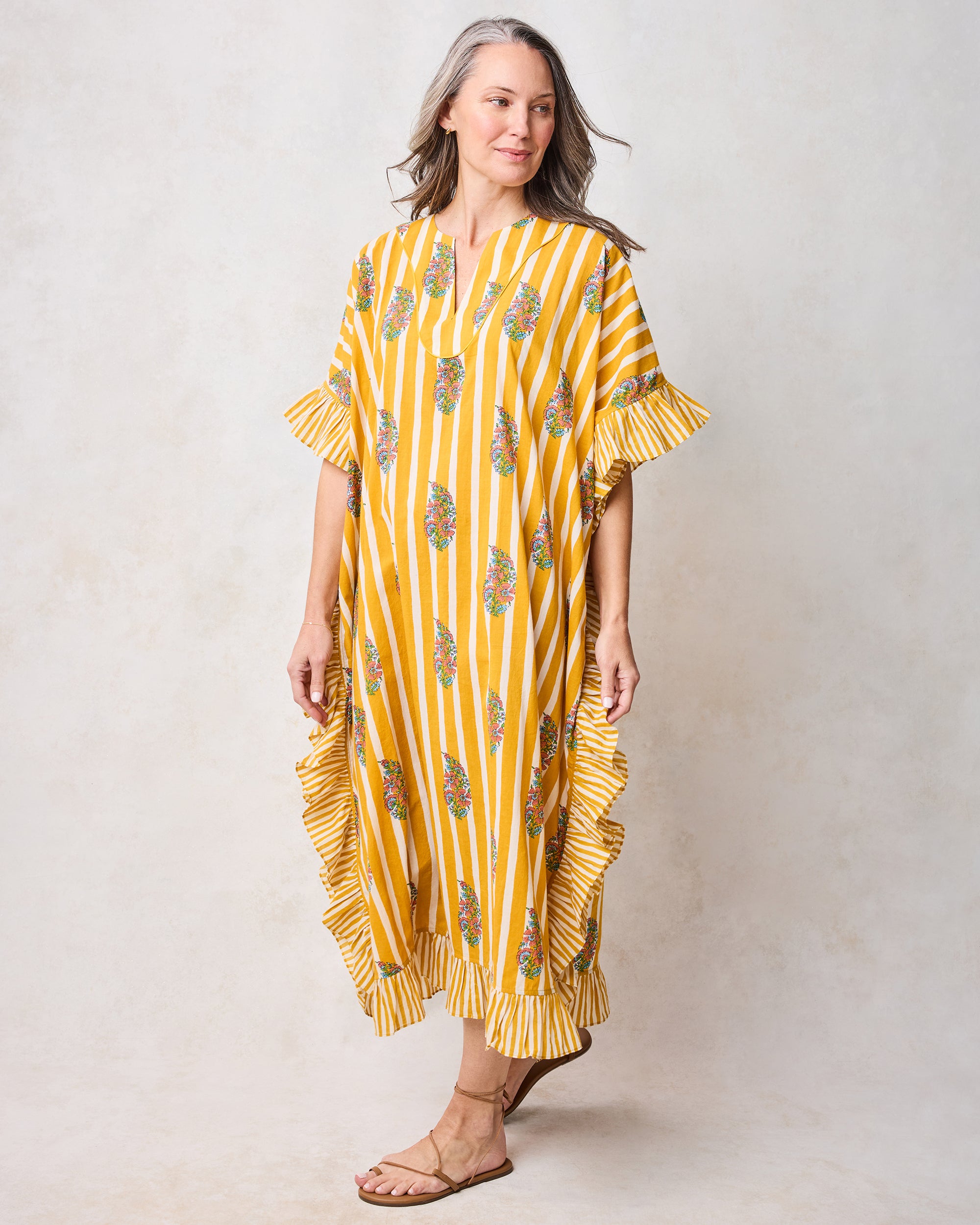 Organic Cotton V-Neck Ruffled Midi Caftan in | Women's One | Yellow Spring