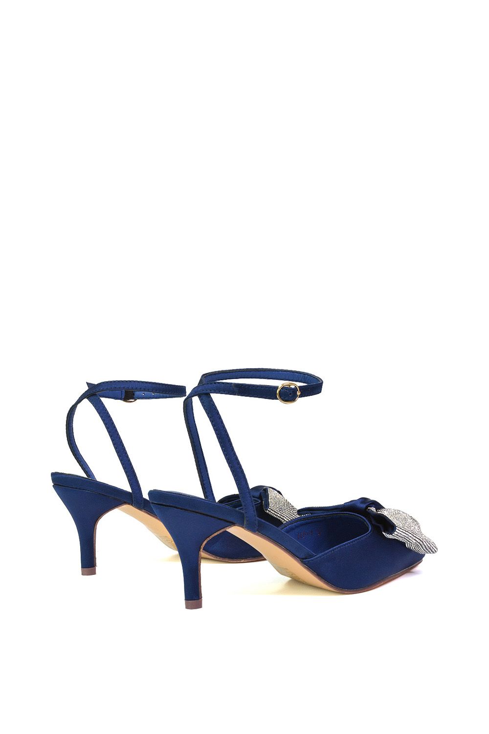 XY London Women's 'Solene' Diamante Bow Pointed Toe Court Shoes Mid Stiletto Bridal Heels in Navy