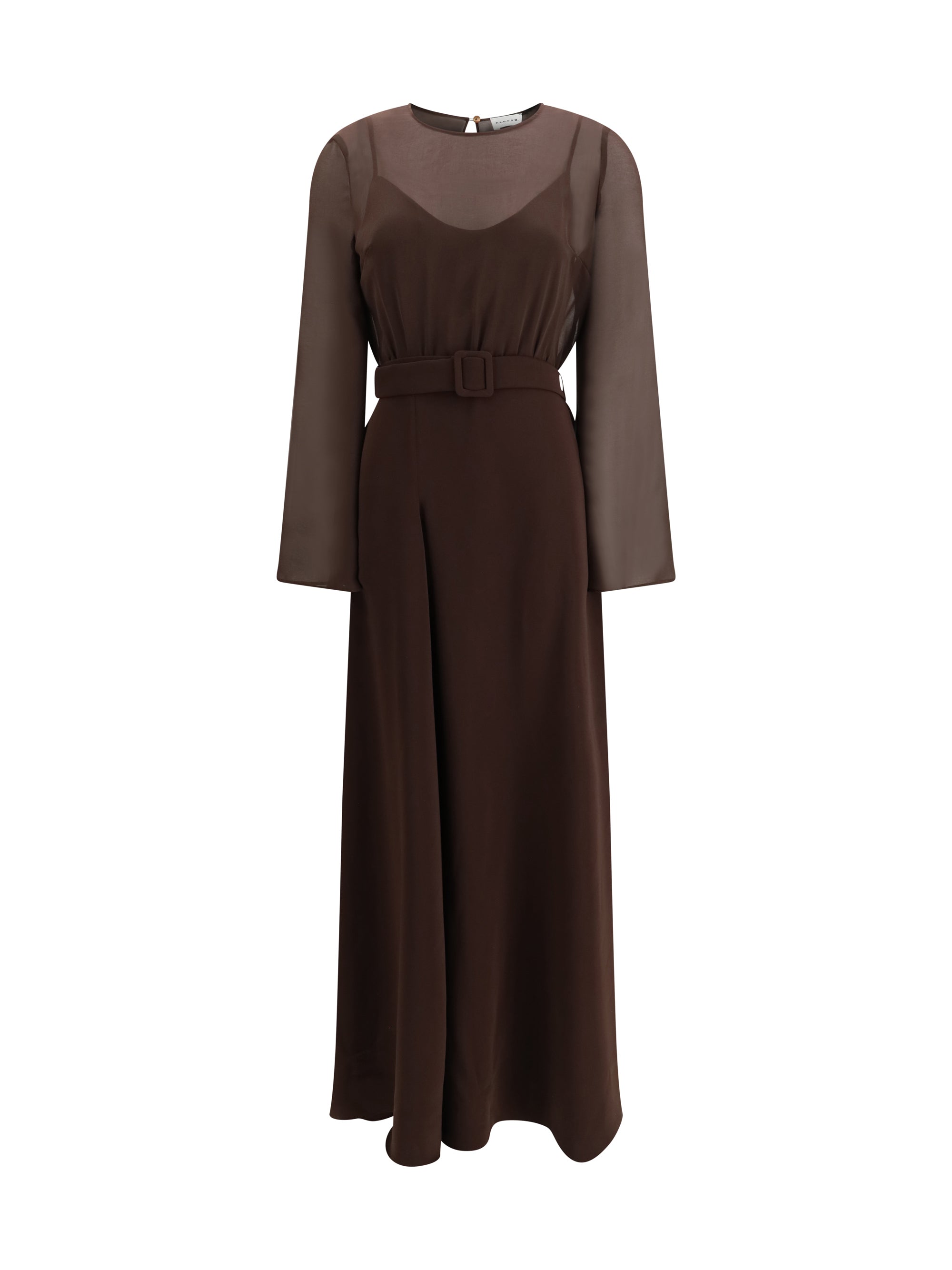 Layered Long Belted Dress — Brown