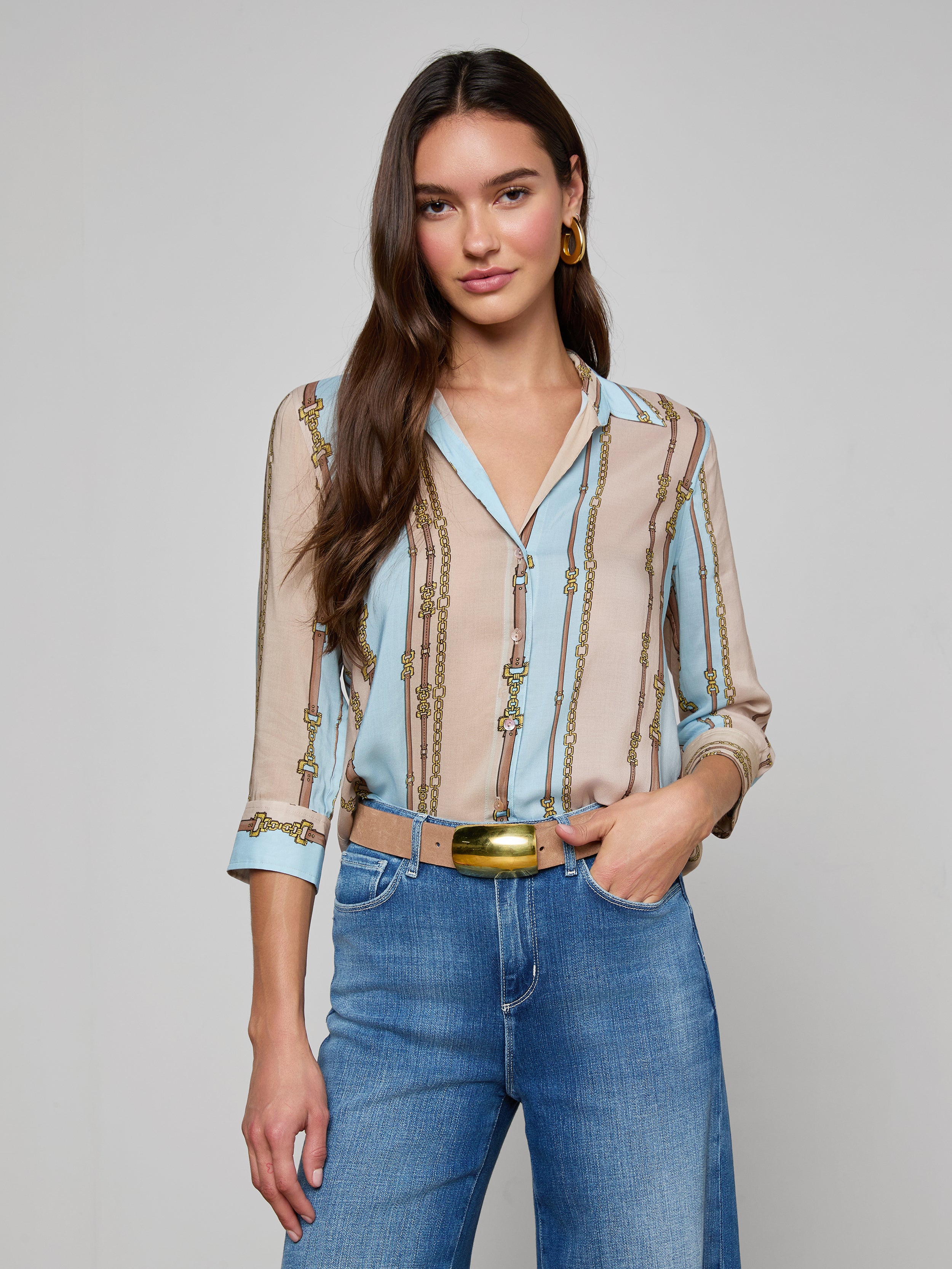 Camille Blouse Top In Taupe/light Sage Belt Stripe
