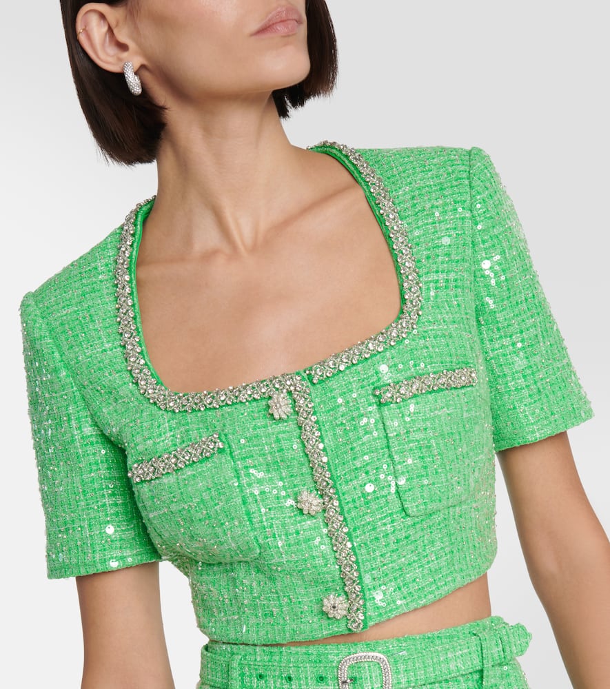 Self-Portrait Sequined embellished bouclé crop top