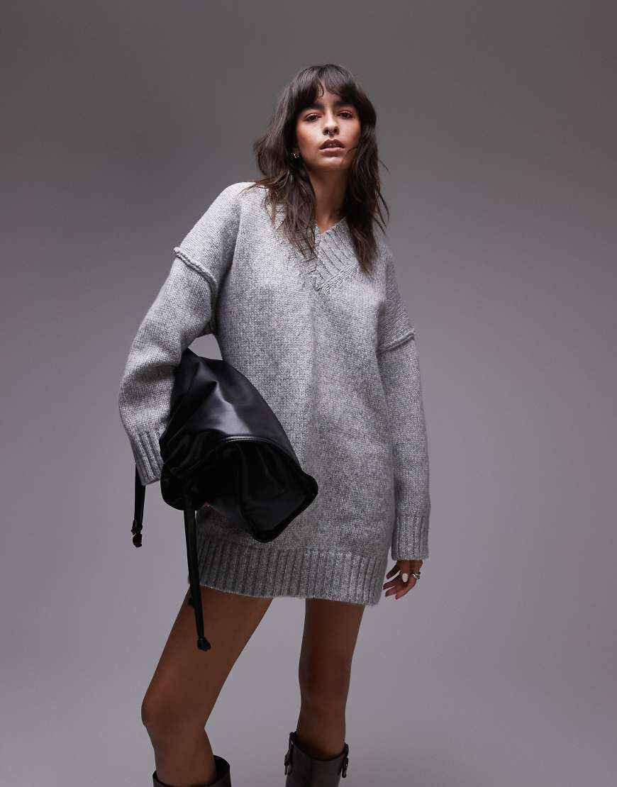 Topshop knit high v-neck mini oversized dress in gray melange
