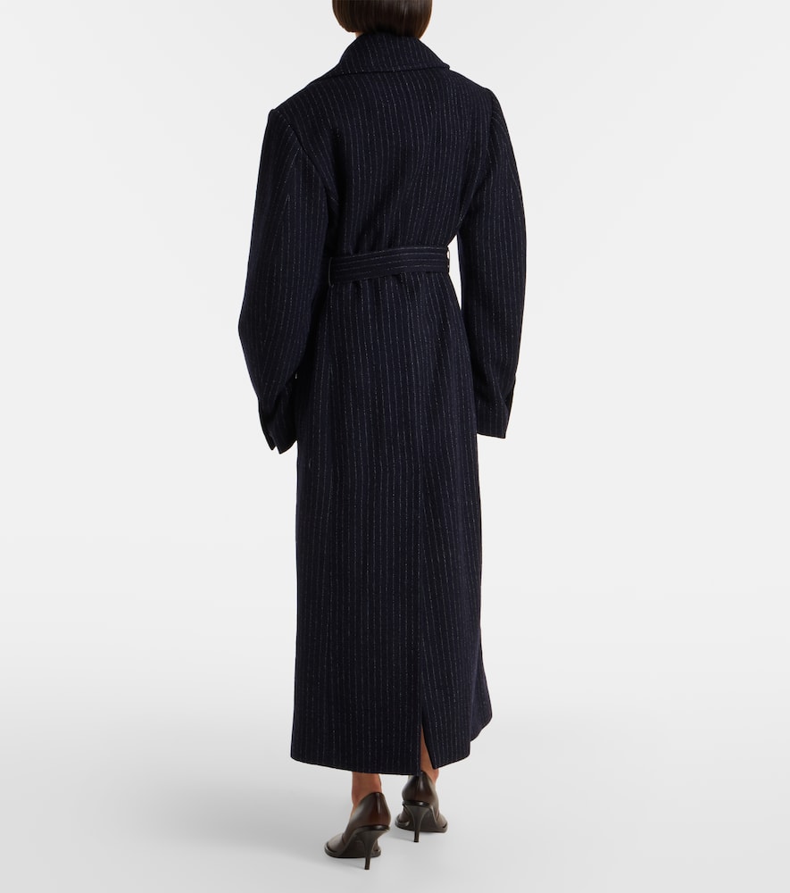 Belted pinstriped wool coat