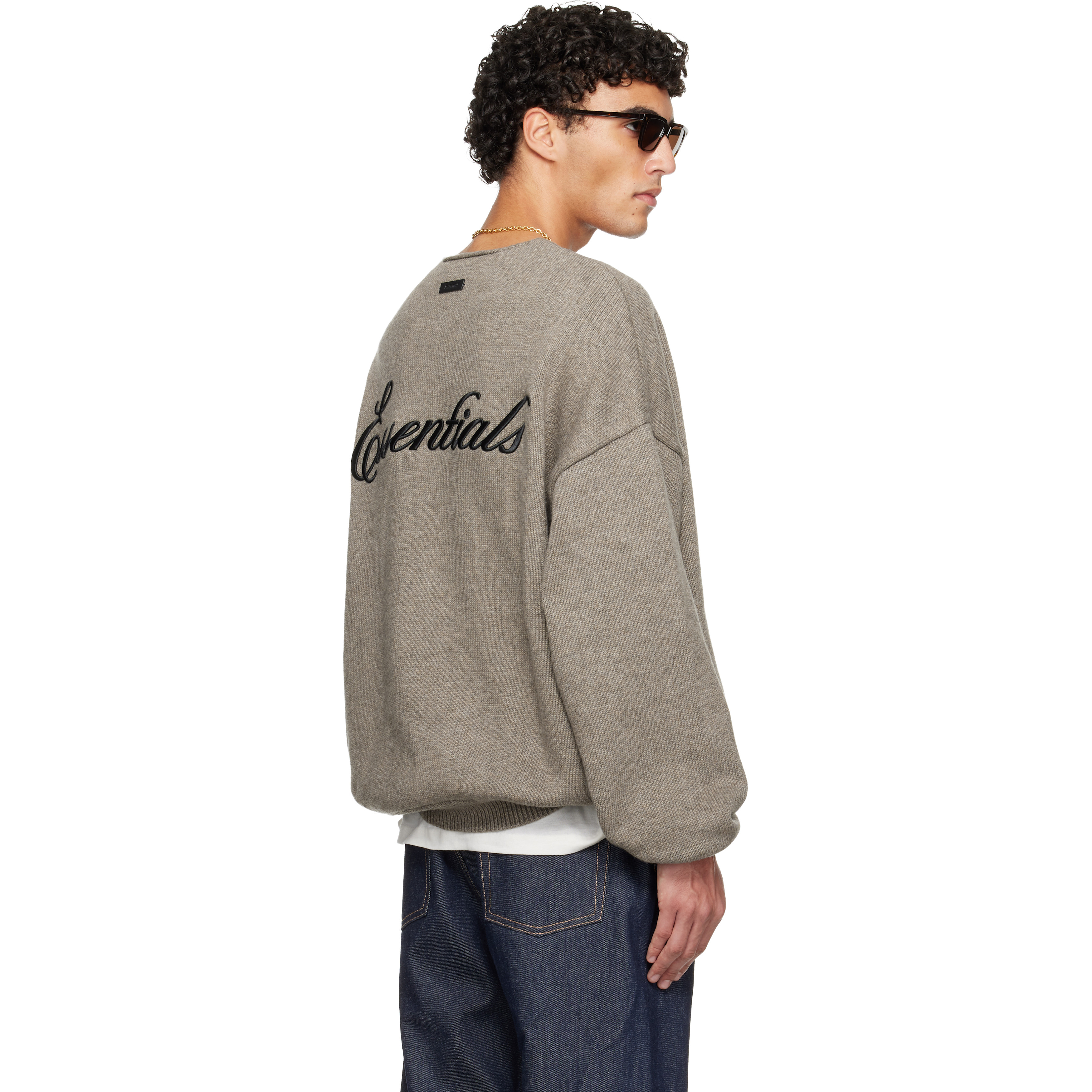 Brown Holiday Embroidered Merino Crewneck Sweater
