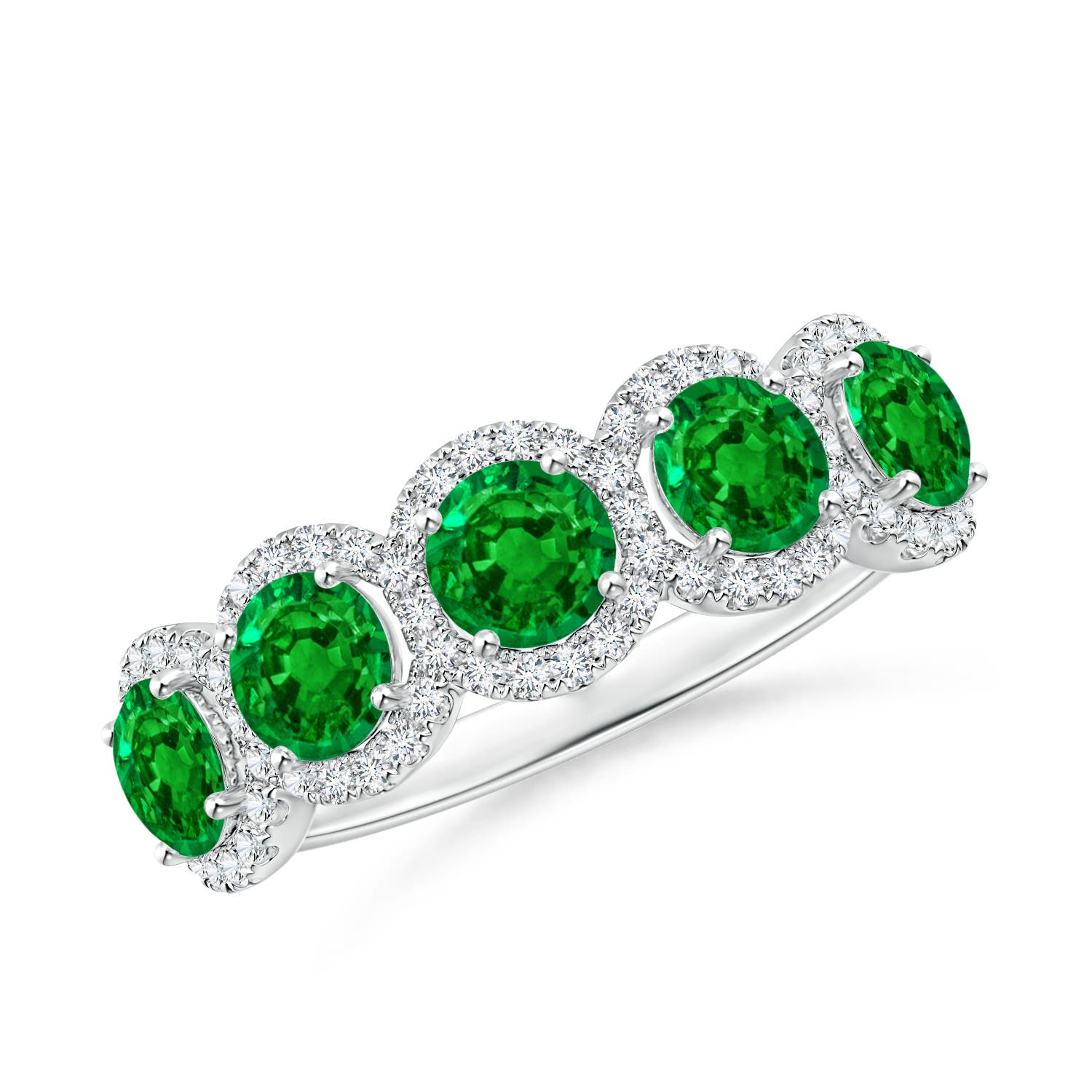 Angara 1.2 Carats Half Eternity Five-Stone Emerald Halo Ring in 14K White Gold