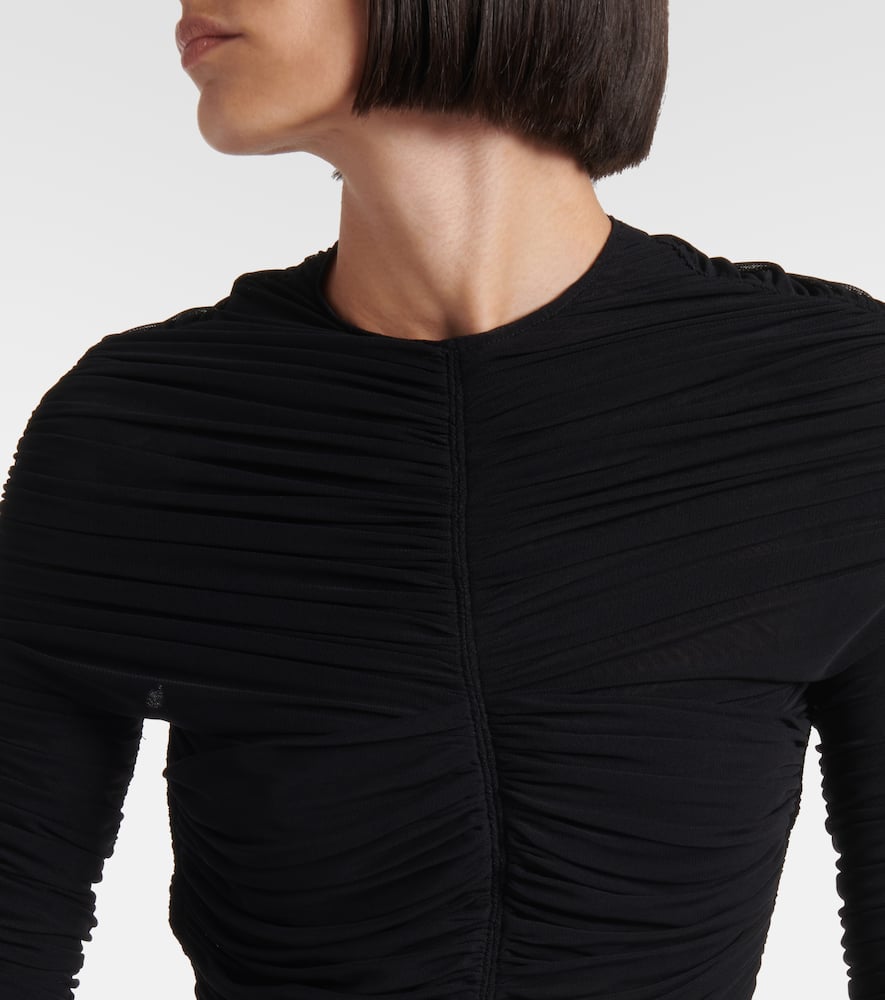 Ruched open-back mesh gown