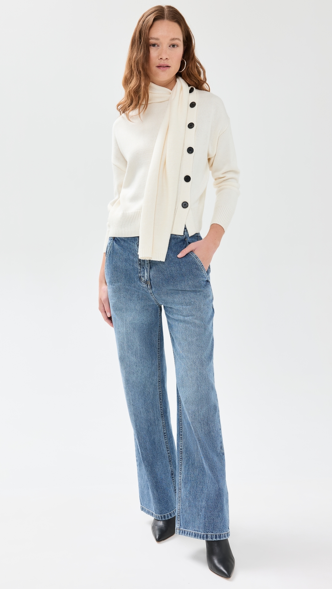Neck Scarf Asymmetric Button Sweater Ivory