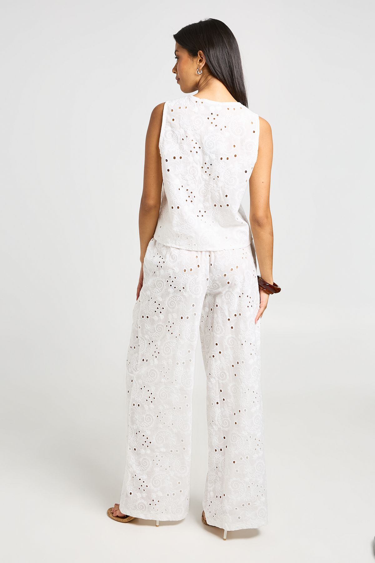 Boohoo Womens Broderie Drawstring Wide Leg Trouser - White