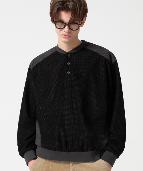 Waffle Color Block Henley Neck Sweatshirt_Black