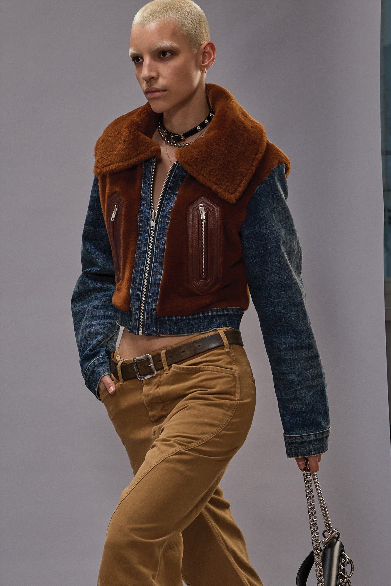 R13 Denim Fur Jacket - Melvin Blue Stretch