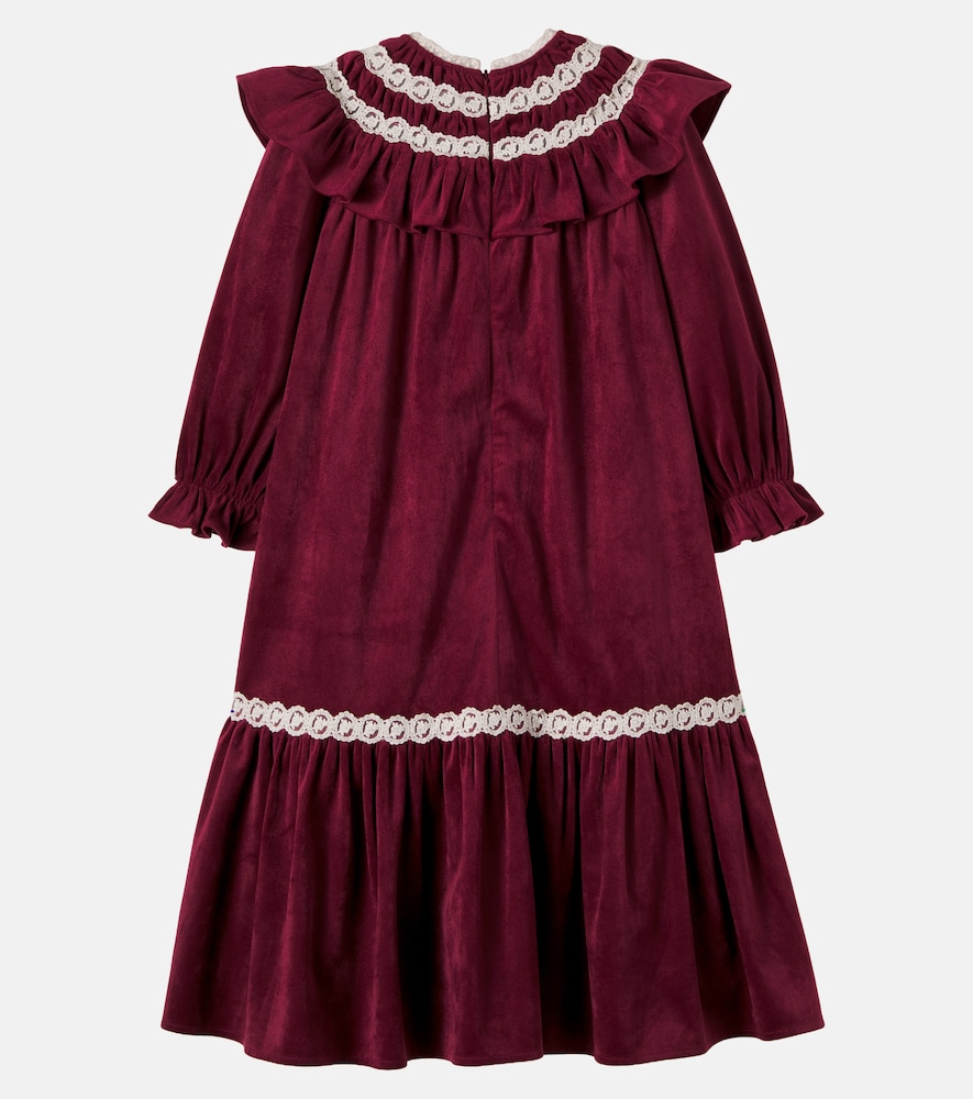 Lace-trimmed ruffled velvet dress