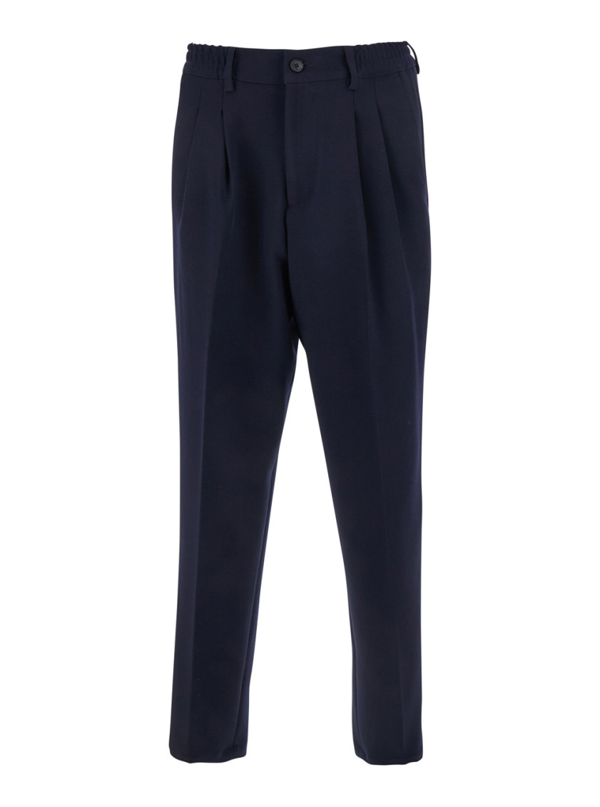 Blue Pants With Elastic Waist And Belt Loops In Cotton Man