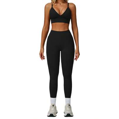 Women's Seamless Solid Color Sports Bra And High Waist Elastic Leggings Set, Casual Running Sports Set, Yoga Outfit Set
