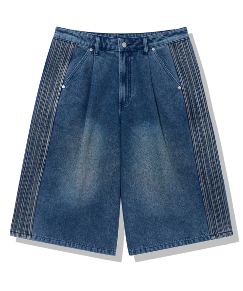 One-Tuck Track Washed Bermuda Denim Shorts_Deep Blue