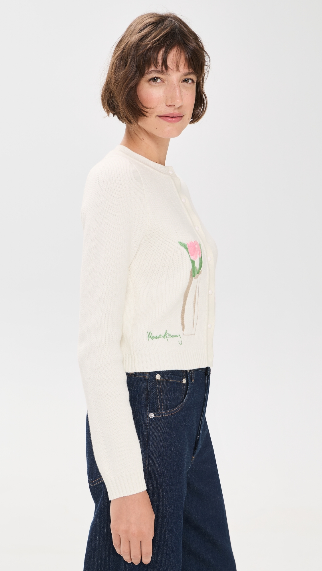 Collarless Picture Knit Cardigan Ivory