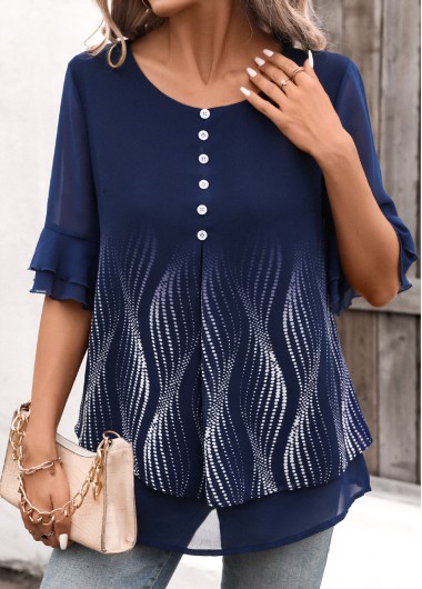Modlily Navy Layered Ombre Half Sleeve Round Neck Blouse
