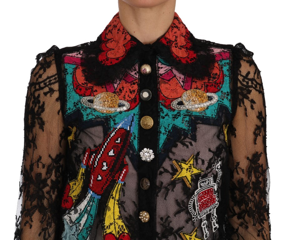 Lace Crystal Space Embroidery Blouse — Black