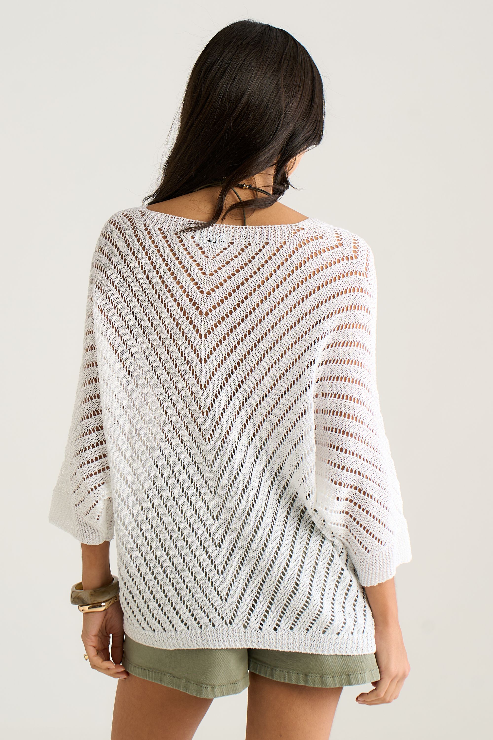 Gini London White V-Neck Chevron Crochet Knit Top