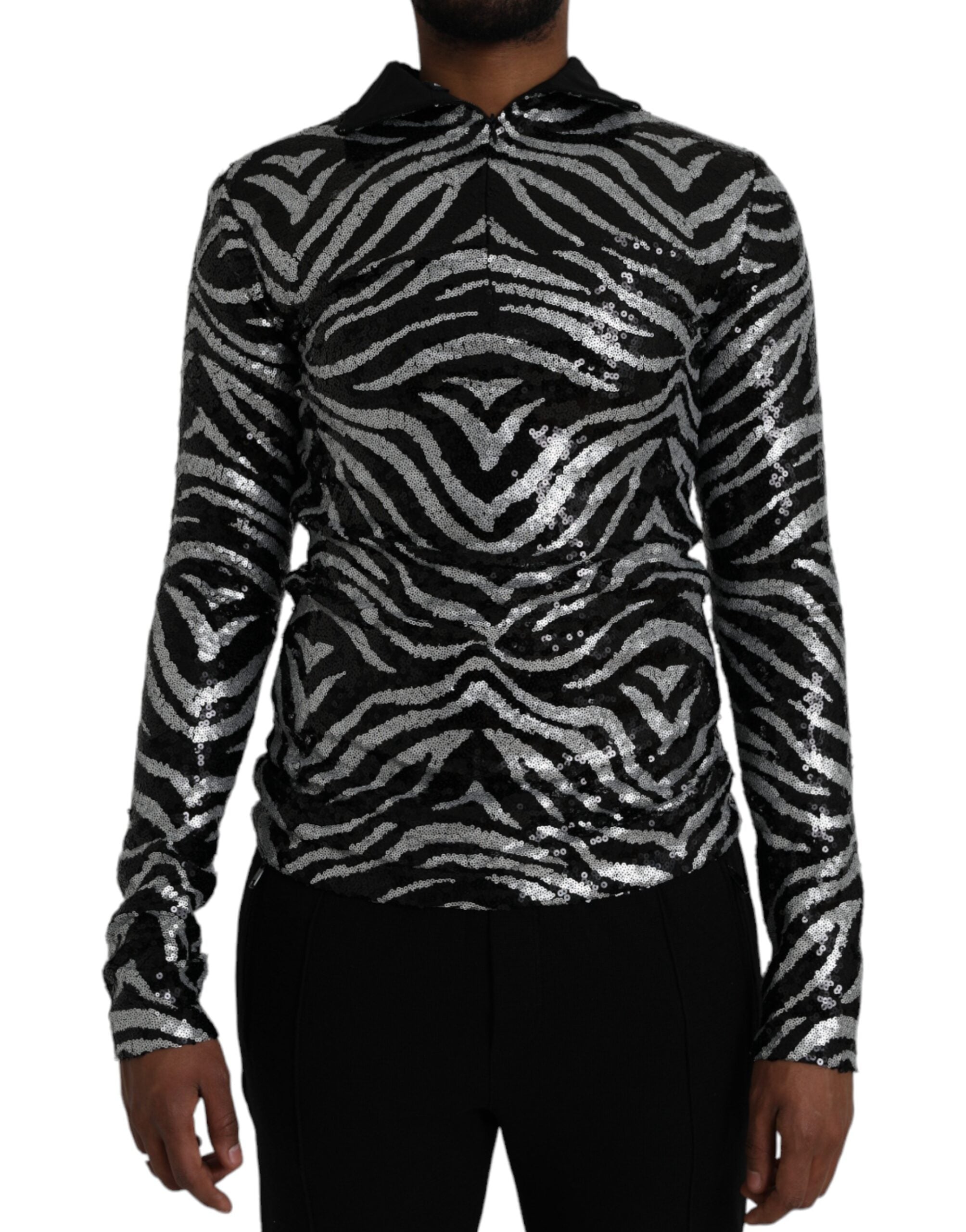 Sequined Zebra-Stripe Sweater — Black