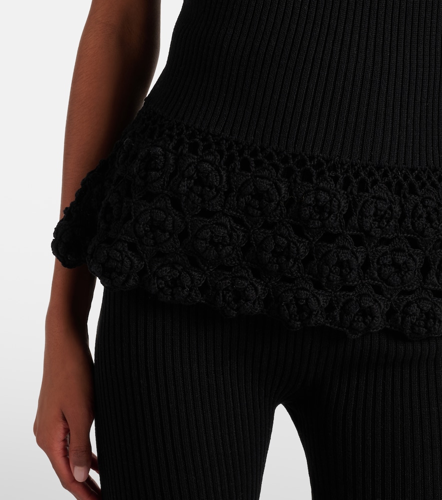 Crochet-trimmed ribbed cotton-blend top
