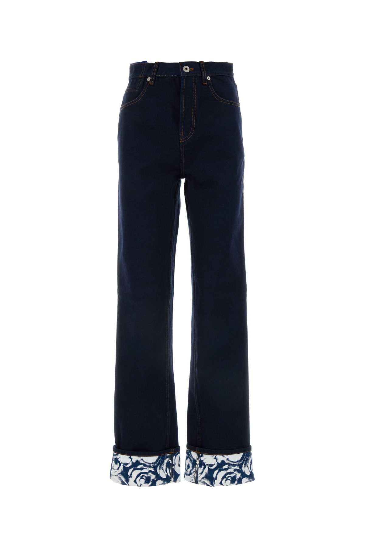 Patterned-Cuff Denim Jeans — Navy