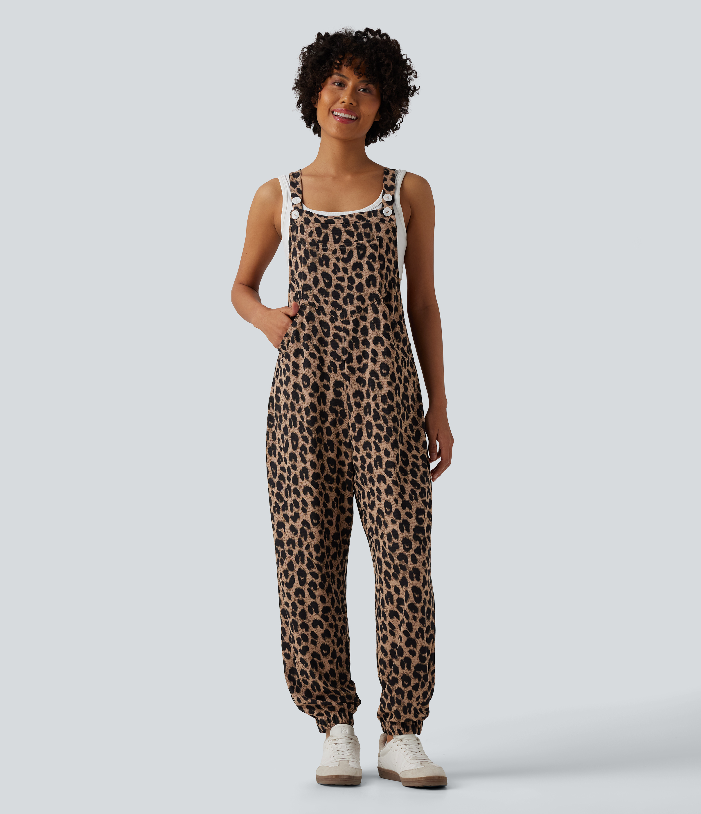 Halara Adjustable Straps Leopard Print Waffle Casual Jogger Dungarees with Pockets - Noir Safari - XLregular