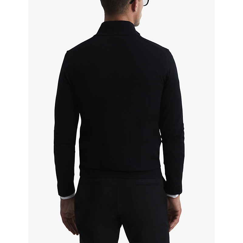 Mens Black Hampshire Funnel-neck Zip-through Merino-wool Cardigan