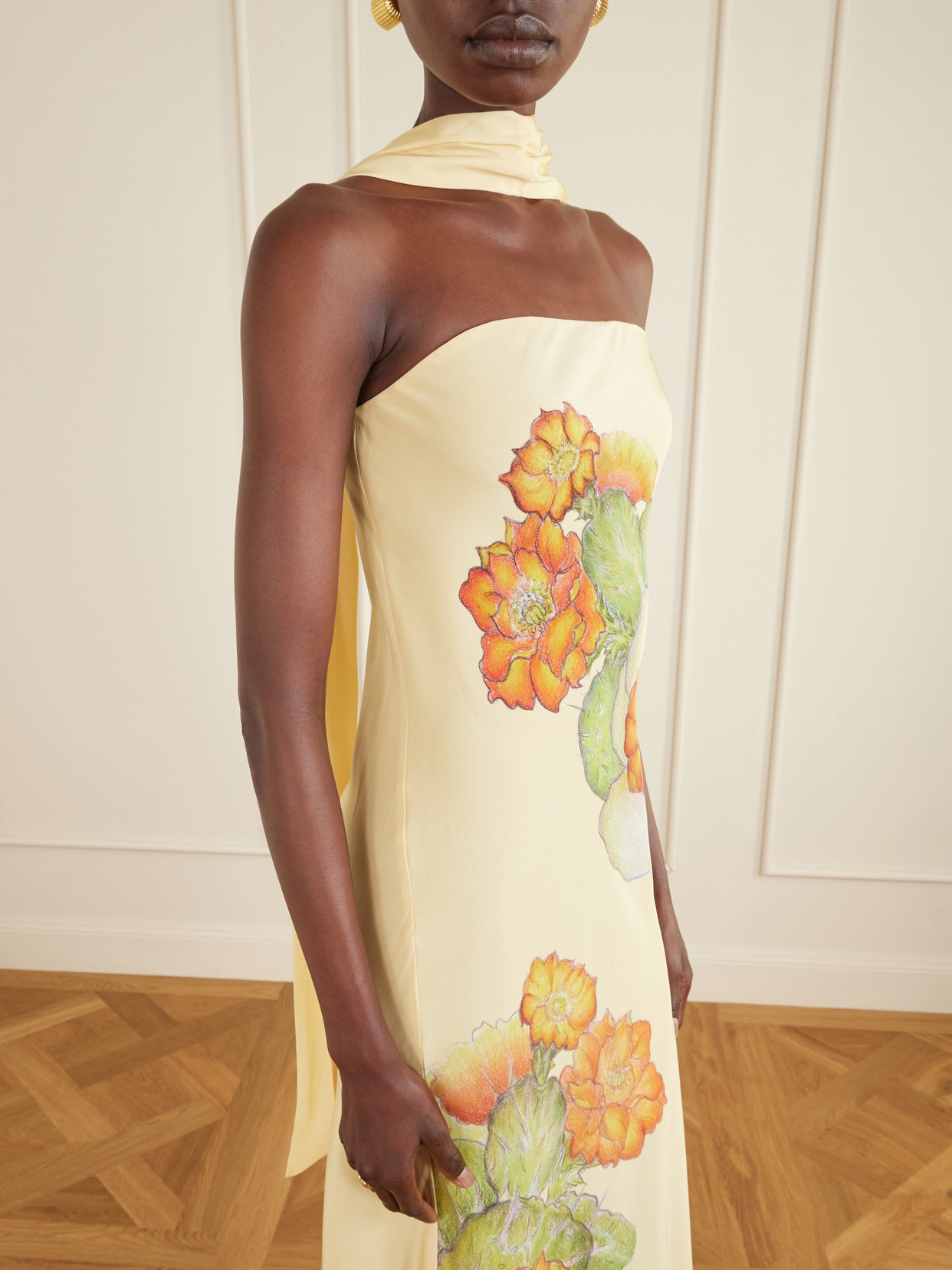 Strapless Scarf-detailed Floral-print Silk-crepe Gown - Yellow