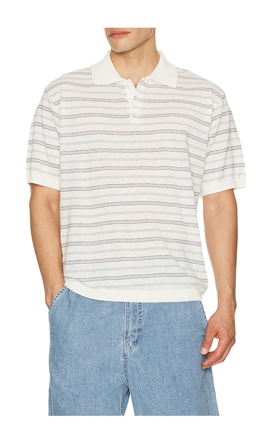 Dunst Unisex Linen Striped Polo Knit in Blue. - M also in L, XL/1X